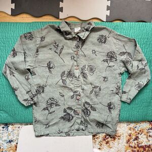Vintage Marc Ware Green Floral 100% Linen Button Front Oversized Shirt Sz M Top
